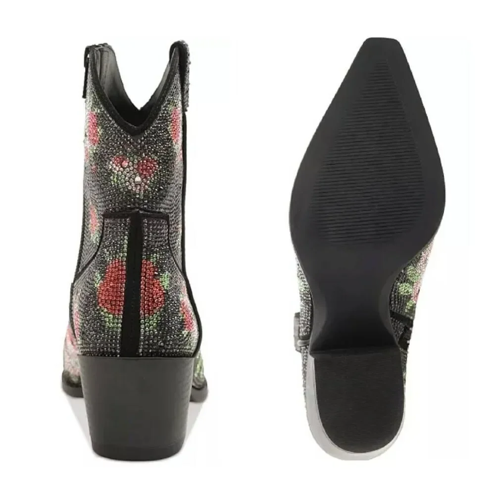 Wild Pair Lacey Black Bling Cowboy Boots SZ 7.5 NWT Pink Floral‎ Festie
